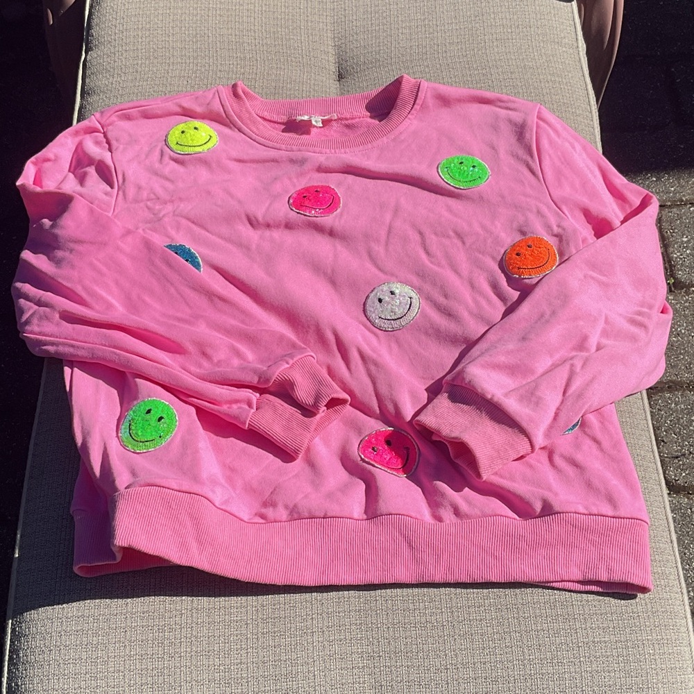 Pink Sweatshirt with Colorful Sequined Smiley Patches